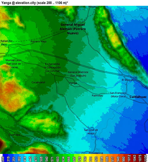 Zoom OUT 2x Yanga, Mexico elevation map