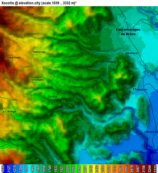 Zoom OUT 2x Xocotla, Mexico elevation map