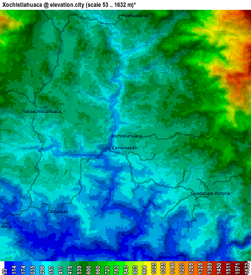 Zoom OUT 2x Xochistlahuaca, Mexico elevation map