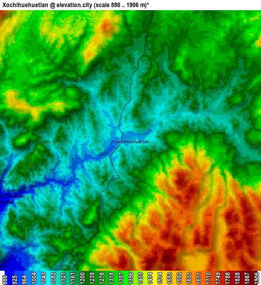 Zoom OUT 2x Xochihuehuetlán, Mexico elevation map