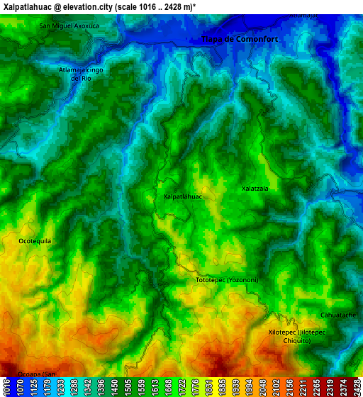 Zoom OUT 2x Xalpatlahuac, Mexico elevation map