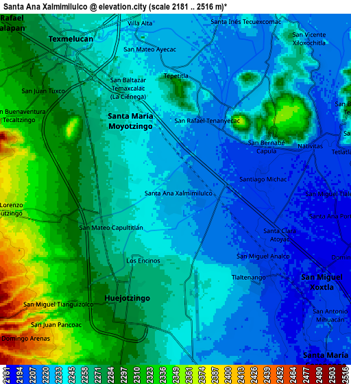 Zoom OUT 2x Santa Ana Xalmimilulco, Mexico elevation map