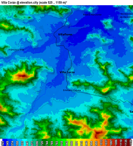 Zoom OUT 2x Villa Corzo, Mexico elevation map