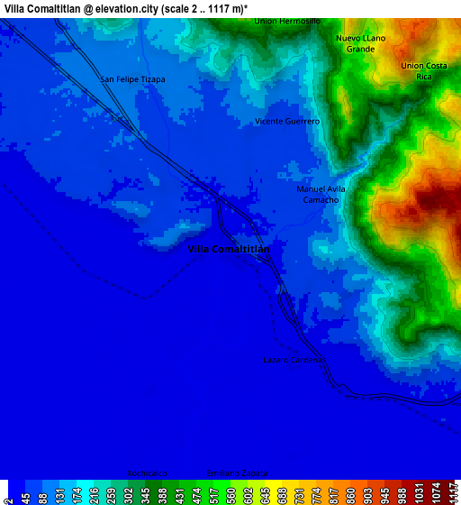 Zoom OUT 2x Villa Comaltitlán, Mexico elevation map