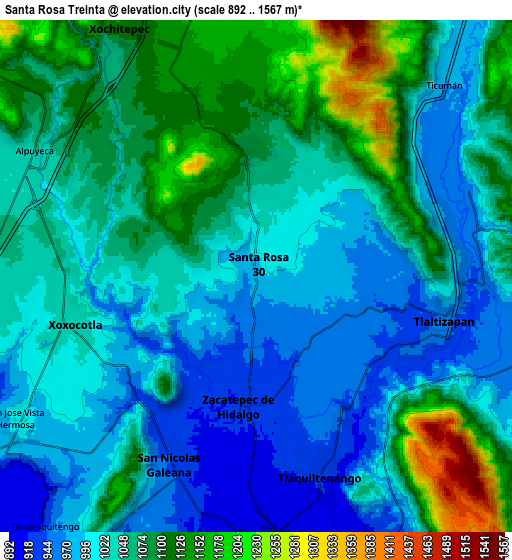 Zoom OUT 2x Santa Rosa Treinta, Mexico elevation map