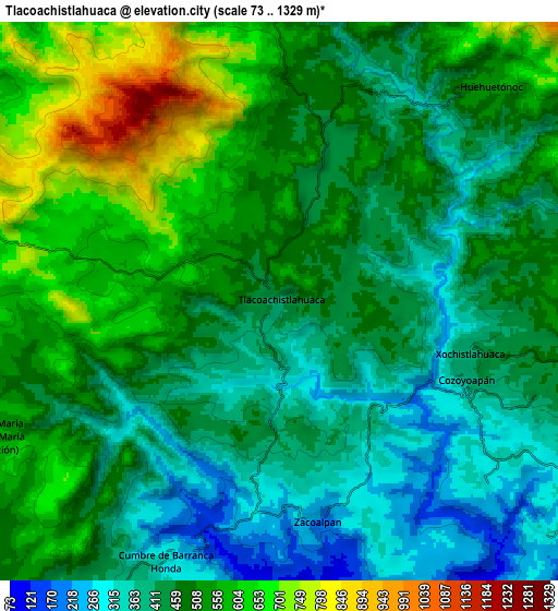 Zoom OUT 2x Tlacoachistlahuaca, Mexico elevation map