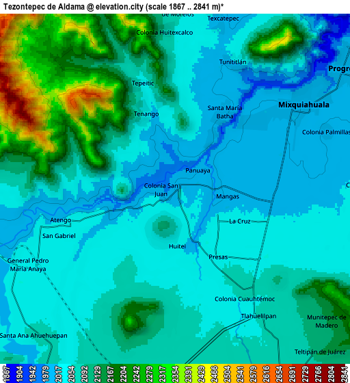 Zoom OUT 2x Tezontepec de Aldama, Mexico elevation map