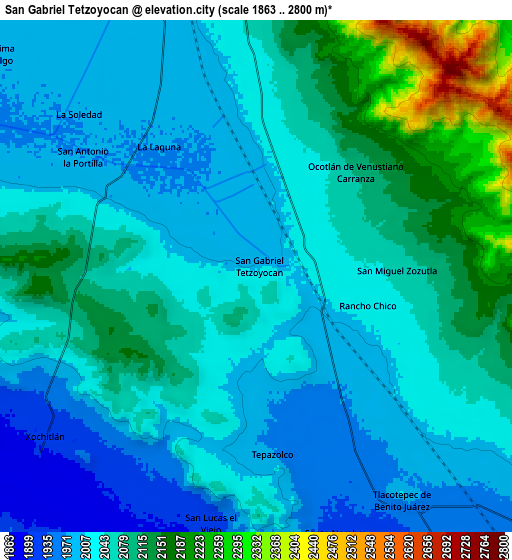 Zoom OUT 2x San Gabriel Tetzoyocán, Mexico elevation map