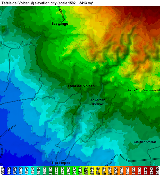 Zoom OUT 2x Tetela del Volcán, Mexico elevation map