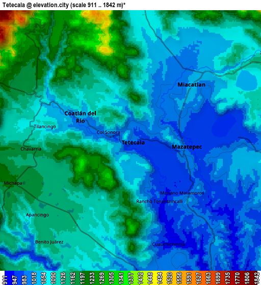 Zoom OUT 2x Tetecala, Mexico elevation map