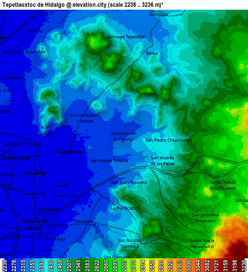 Zoom OUT 2x Tepetlaoxtoc de Hidalgo, Mexico elevation map