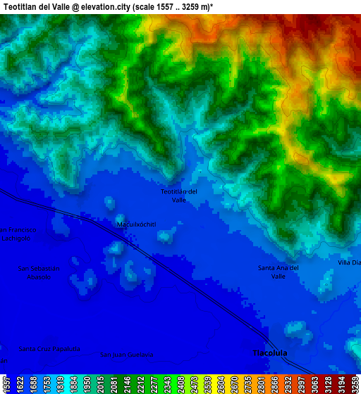 Zoom OUT 2x Teotitlán del Valle, Mexico elevation map