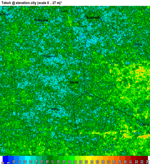 Zoom OUT 2x Tekoh, Mexico elevation map