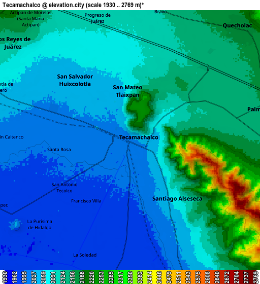 Zoom OUT 2x Tecamachalco, Mexico elevation map