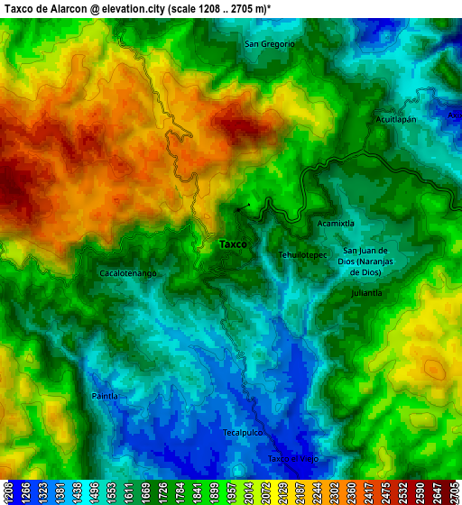 Zoom OUT 2x Taxco de Alarcón, Mexico elevation map