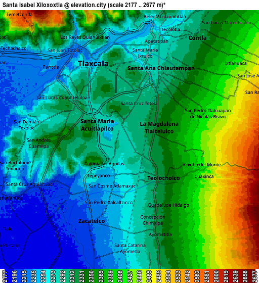 Zoom OUT 2x Santa Isabel Xiloxoxtla, Mexico elevation map