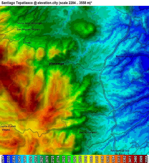 Zoom OUT 2x Santiago Tepatlaxco, Mexico elevation map