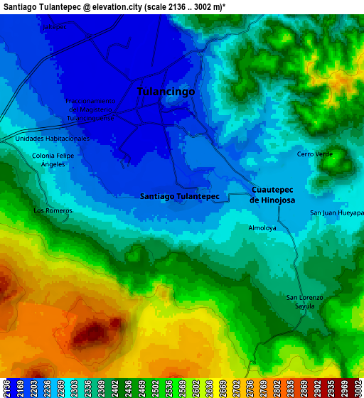 Zoom OUT 2x Santiago Tulantepec, Mexico elevation map