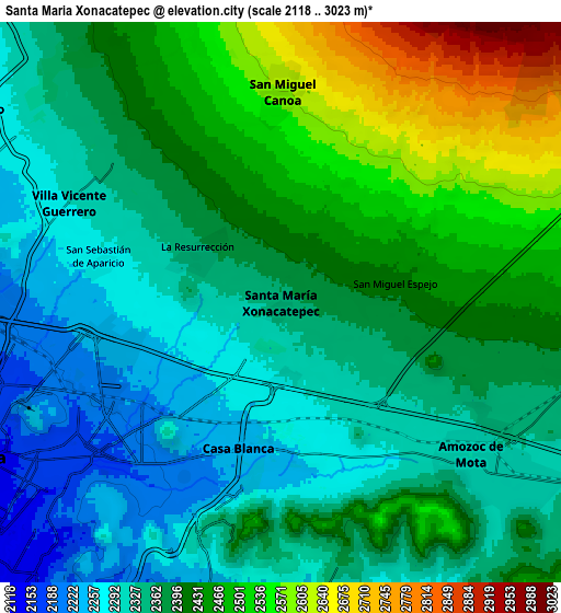 Zoom OUT 2x Santa María Xonacatepec, Mexico elevation map