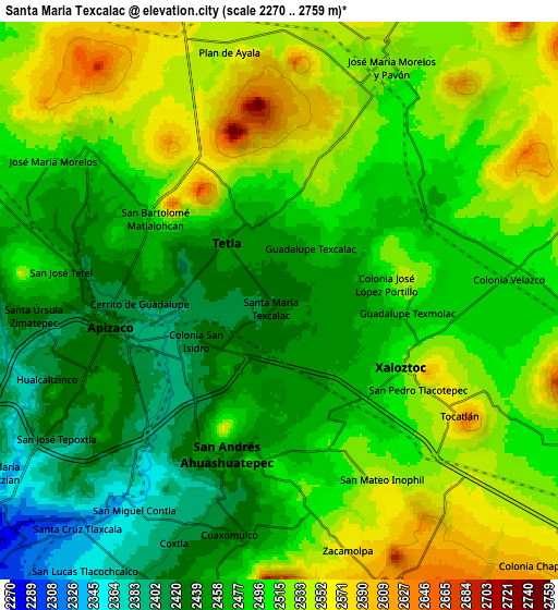 Zoom OUT 2x Santa María Texcalac, Mexico elevation map