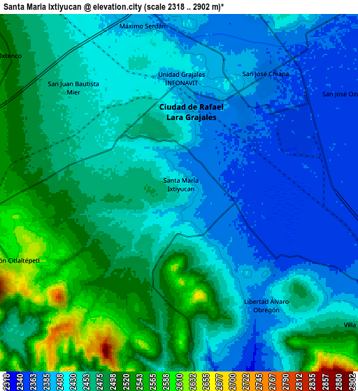 Zoom OUT 2x Santa María Ixtiyucán, Mexico elevation map