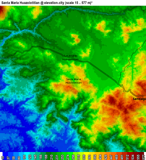 Zoom OUT 2x Santa María Huazolotitlán, Mexico elevation map