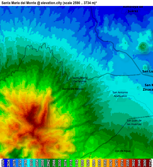 Zoom OUT 2x Santa María del Monte, Mexico elevation map