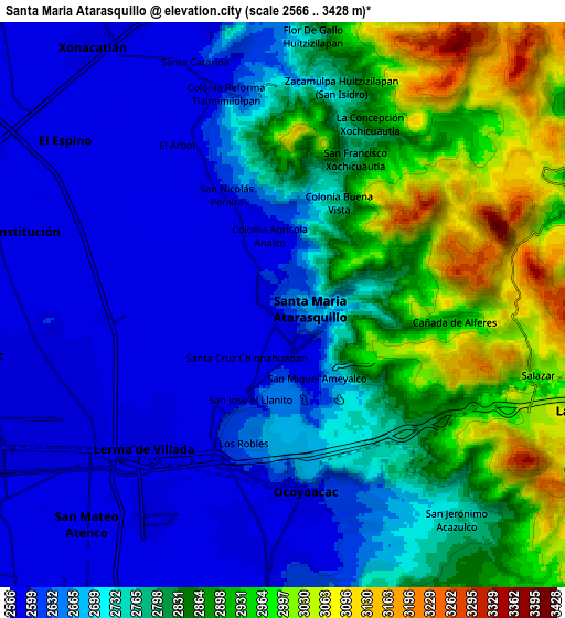 Zoom OUT 2x Santa María Atarasquillo, Mexico elevation map