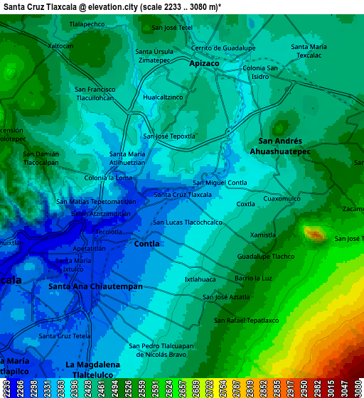 Zoom OUT 2x Santa Cruz Tlaxcala, Mexico elevation map