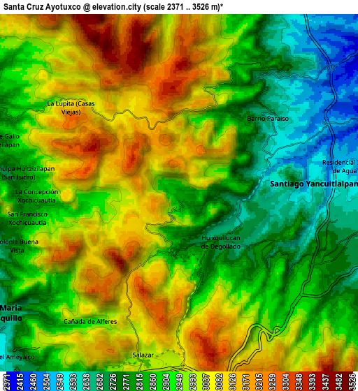 Zoom OUT 2x Santa Cruz Ayotuxco, Mexico elevation map