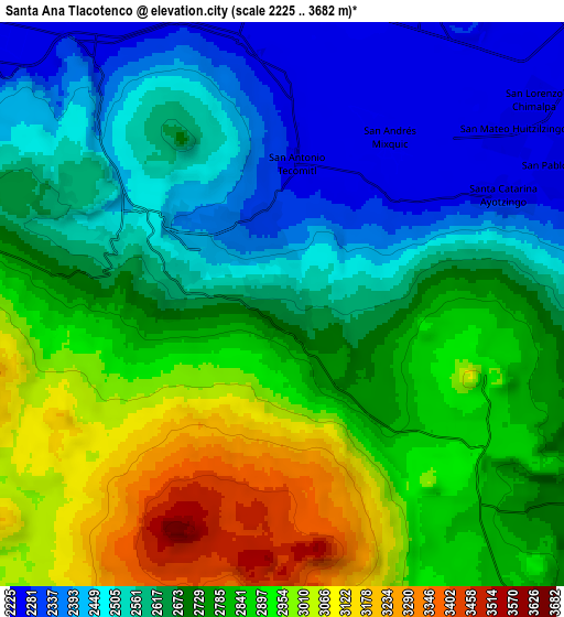 Zoom OUT 2x Santa Ana Tlacotenco, Mexico elevation map