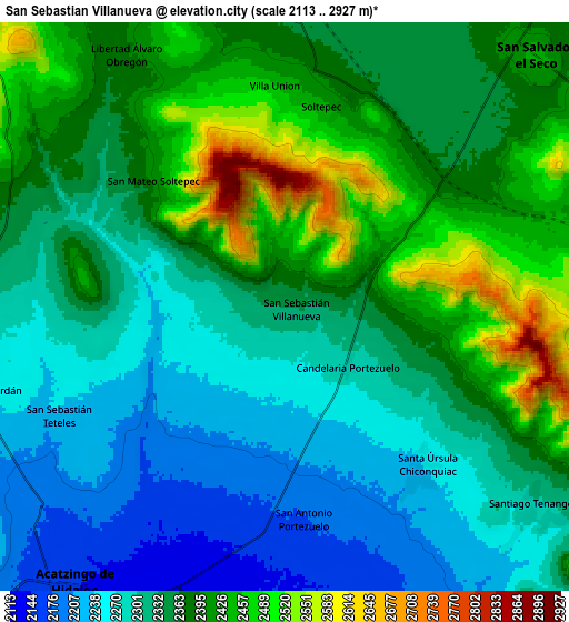 Zoom OUT 2x San Sebastián Villanueva, Mexico elevation map