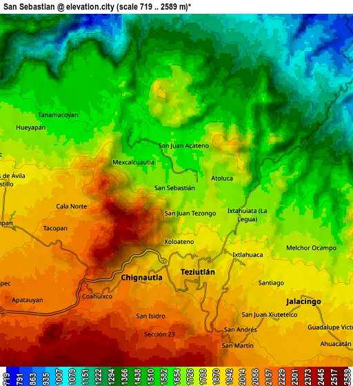 Zoom OUT 2x San Sebastián, Mexico elevation map