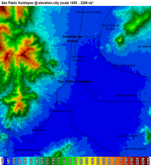 Zoom OUT 2x San Pablo Huixtepec, Mexico elevation map