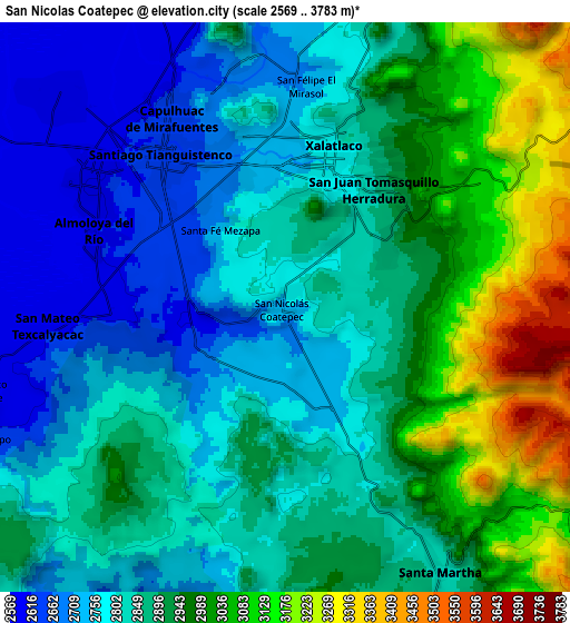 Zoom OUT 2x San Nicolás Coatepec, Mexico elevation map