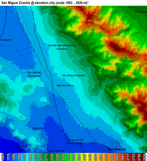 Zoom OUT 2x San Miguel Zozutla, Mexico elevation map