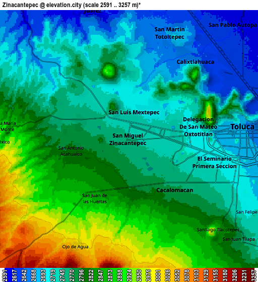 Zoom OUT 2x Zinacantepec, Mexico elevation map