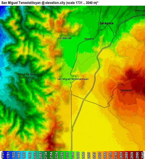 Zoom OUT 2x San Miguel Tenextatiloyan, Mexico elevation map