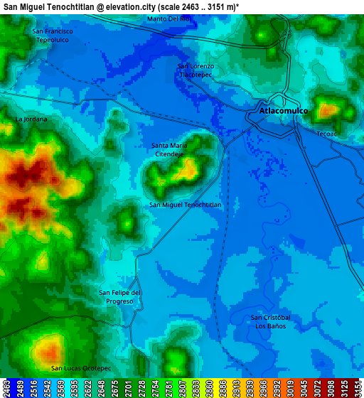 Zoom OUT 2x San Miguel Tenochtitlán, Mexico elevation map