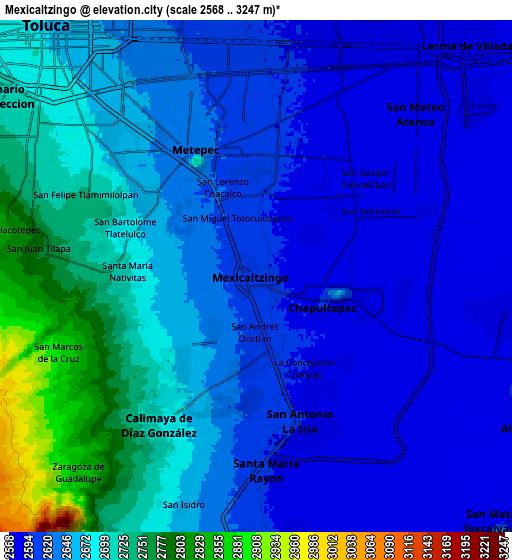 Zoom OUT 2x Mexicaltzingo, Mexico elevation map