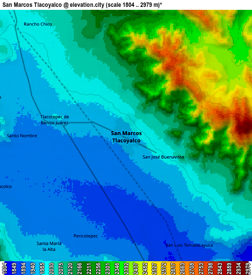 Zoom OUT 2x San Marcos Tlacoyalco, Mexico elevation map