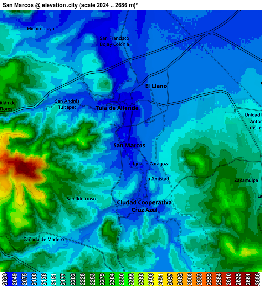 Zoom OUT 2x San Marcos, Mexico elevation map