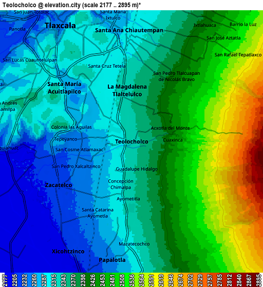 Zoom OUT 2x Teolocholco, Mexico elevation map