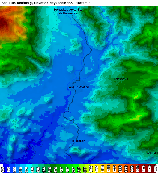 Zoom OUT 2x San Luis Acatlán, Mexico elevation map