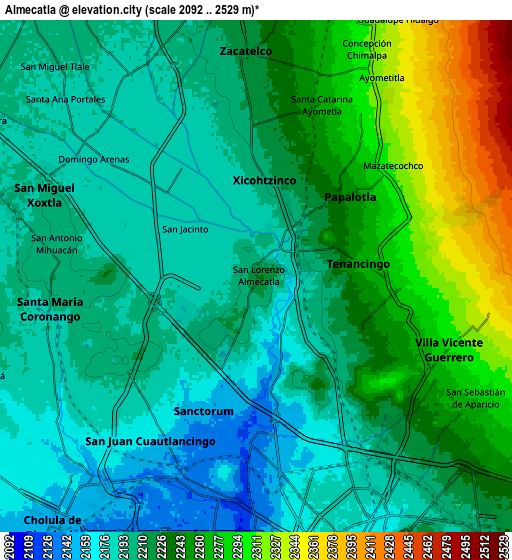 Zoom OUT 2x Almecatla, Mexico elevation map