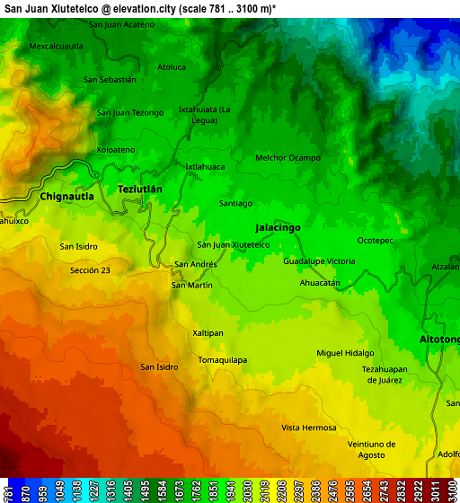 Zoom OUT 2x San Juan Xiutetelco, Mexico elevation map