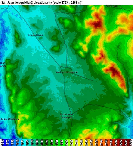 Zoom OUT 2x San Juan Ixcaquixtla, Mexico elevation map