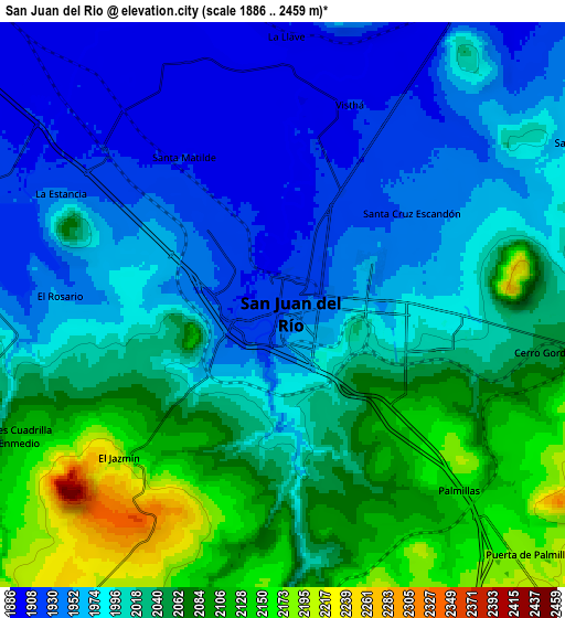 Zoom OUT 2x San Juan del Río, Mexico elevation map