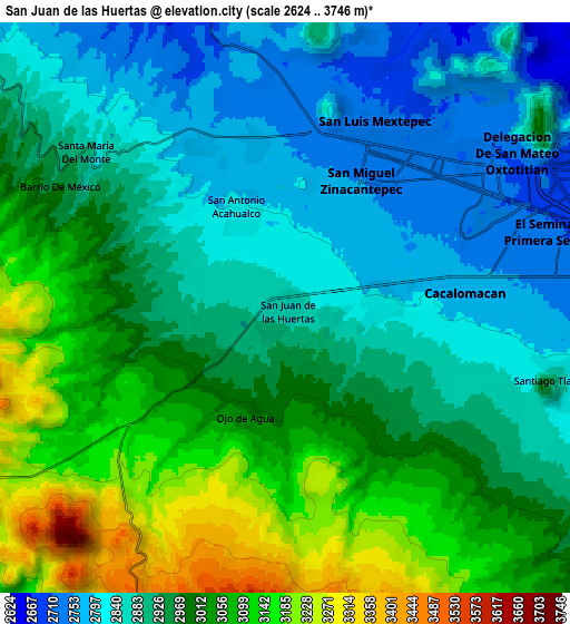 Zoom OUT 2x San Juan de las Huertas, Mexico elevation map