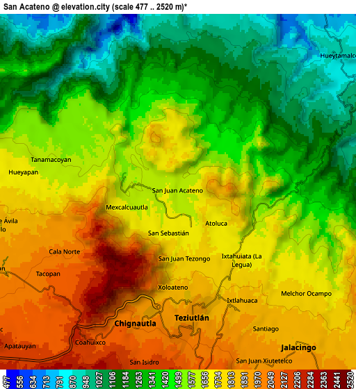 Zoom OUT 2x San Acateno, Mexico elevation map